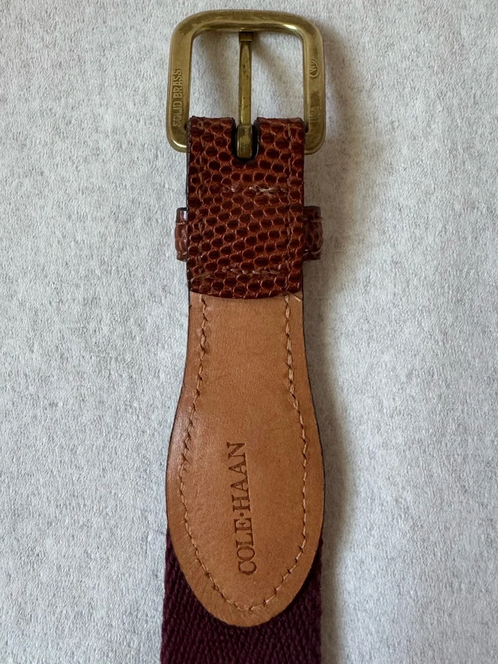 Vintage Cole Haan Genuine Lizard & Canvas Belt Burgundy Brown Size 32⁠